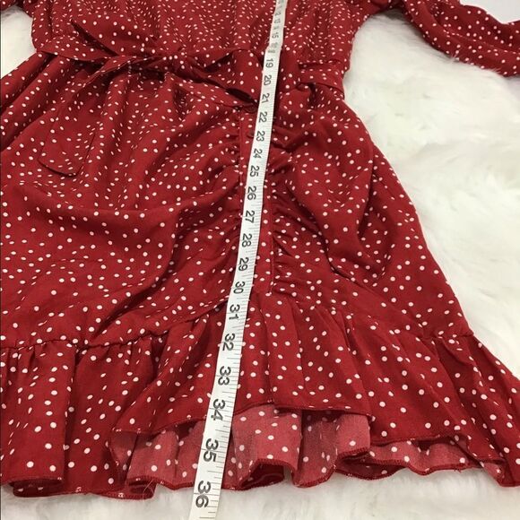 MISSGUIDED Red White Polka Dot Long Sleeve Runched Self Tie Mini Dress NWT Sz 12 - Picture 5 of 9